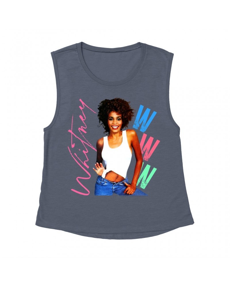 Whitney Houston Ladies' Muscle Tank Top | Whitney Pastel W Design Shirt $10.17 Shirts