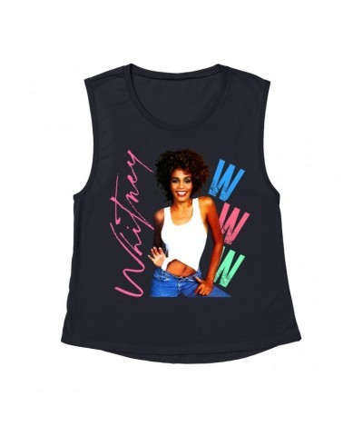 Whitney Houston Ladies' Muscle Tank Top | Whitney Pastel W Design Shirt $10.17 Shirts